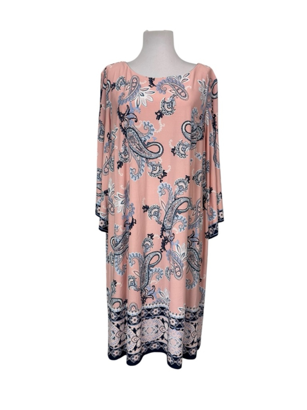 Studio One 2X Shift Dress Paisley Pink Blue Stretchy 3/4 Sleeves Knee Length